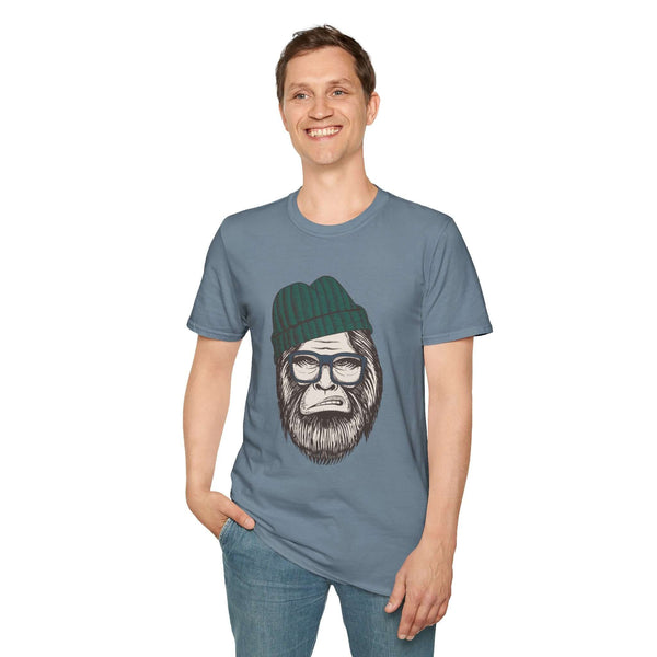 Hipster Squatch unisex t-shirt featuring Bigfoot in glasses and a beanie, perfect for stylish lovers of cryptids.