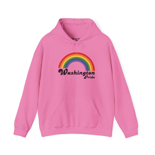 Pink Washington Pride hoodie featuring a rainbow design for LGBTQ+ celebration and support.