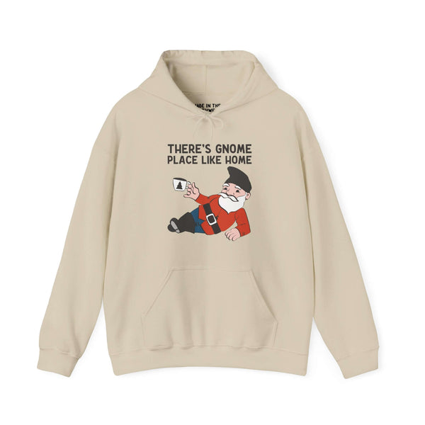 Cream hoodie with gnome graphic and 'There's Gnome Place Like Home' text, perfect for cozy and whimsical style.