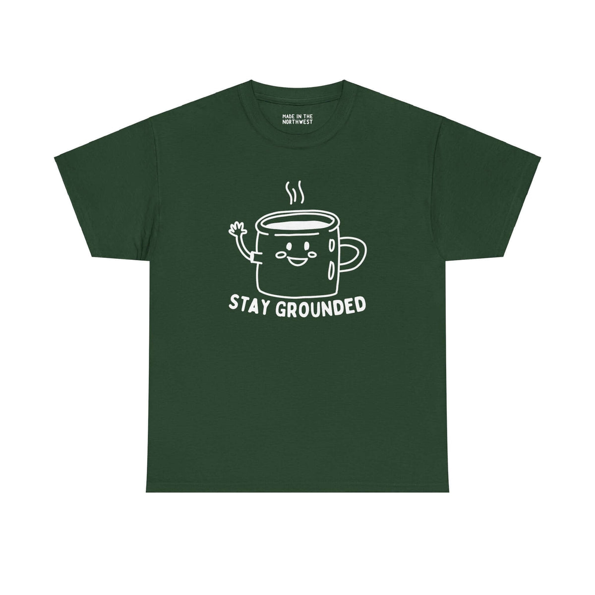 "Stay Grounded and Caffeinated Tee featuring a waving coffee mug design on a green shirt for coffee lovers"