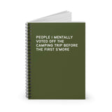 Green spiral notebook titled 'People I Mentally Voted Off the Camping Trip Before the First S'more'.
