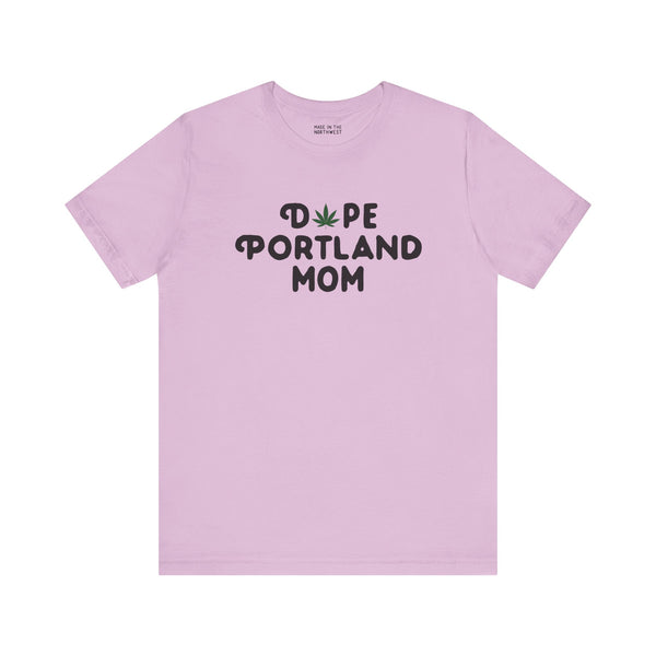 Dope Portland Mom premium soft tee in lavender with marijuana leaf logo, perfect for cool, laid-back moms.
