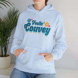 Feelin' Couvey Retro Hoodie with 70s font and colorful flowers, celebrating Vancouver, Washington style.