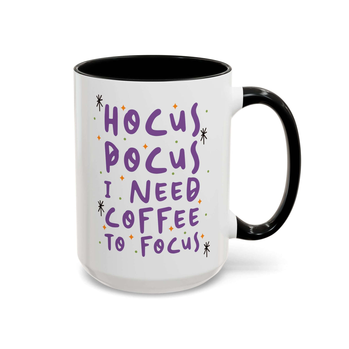 Hocus Pocus I Need Coffee To Focus mug featuring whimsical lettering and colorful starbursts for magical mornings.