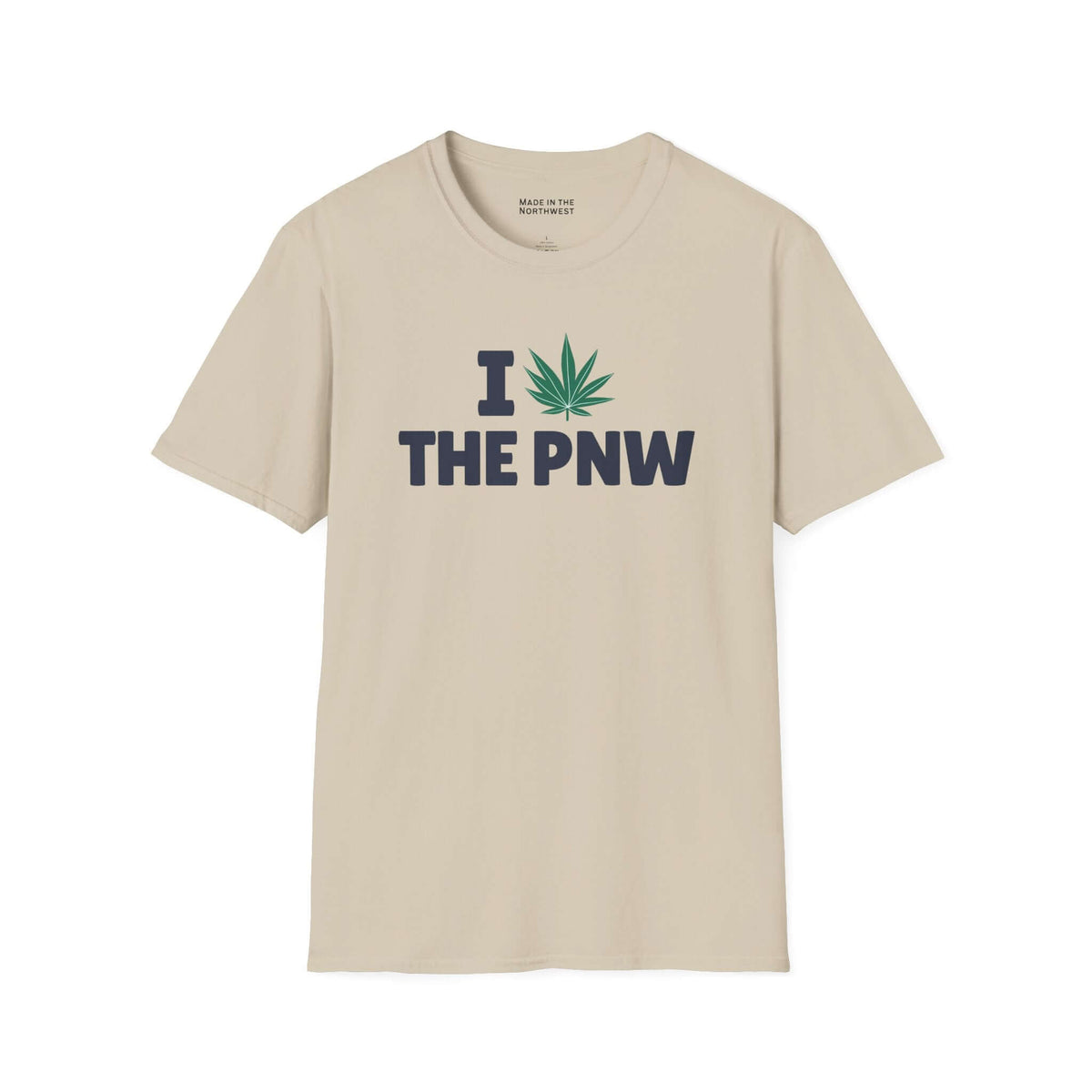 I Marijuana the PNW T Shirt featuring bold marijuana leaf graphic on a soft beige cotton tee.