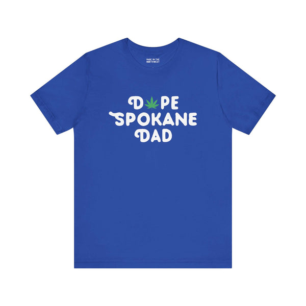 Blue "Dope Spokane Dad" tee with a marijuana leaf design, perfect for proud Spokane dads embracing local culture.