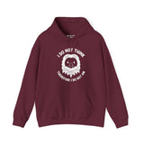 Maroon Sasquatch hoodie with “I Do Not Think Therefore I Do Not Am” quote, featuring Bigfoot's face in a playful, philosophical design.