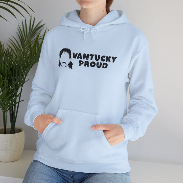Stylish woman wearing a Vantucky Proud hoodie with a cozy design, representing Rusty McCoy's hardworking spirit.