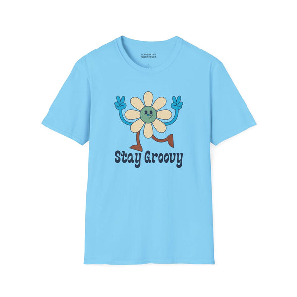 Stay Groovy T Shirt with a fun retro flower design and playful lettering in a cheerful blue color.