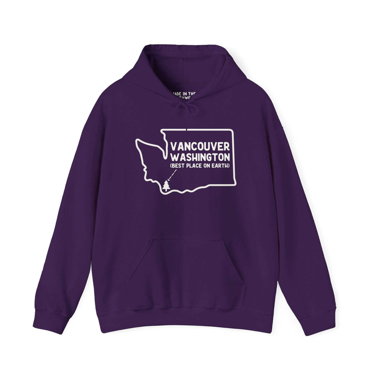 Purple Vancouver Washington hoodie with "Best Place on Earth" graphic and map outline of Washington state.