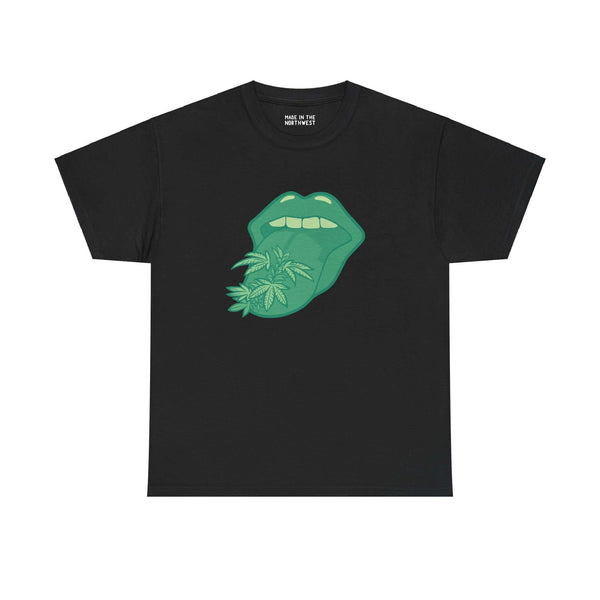 Black athletic tee with green tongue design featuring marijuana leaves, titled 'Tongue Tied and Lifted', unique and bold style.