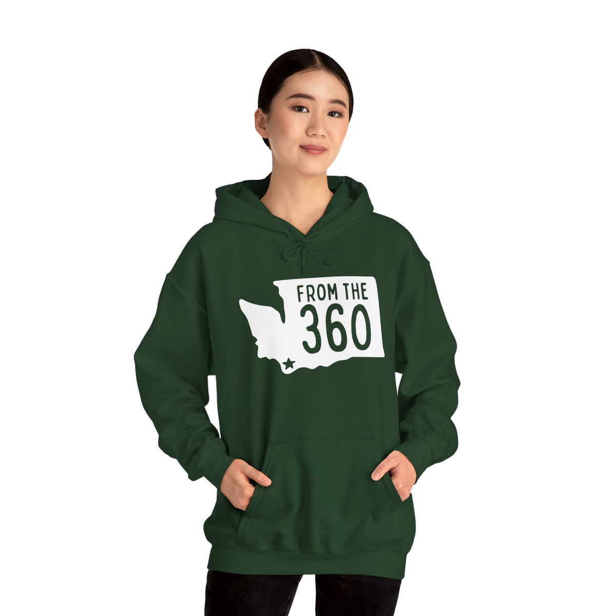 Cozy green hoodie with 'From the 360' text and Washington state silhouette, perfect for local pride in Vancouver.