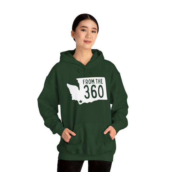 Cozy green hoodie with 'From the 360' text and Washington state silhouette, perfect for local pride in Vancouver.