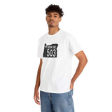 Model wearing a white From the 503 Oregon State Athletic Tee featuring Oregon shape and Portland star.