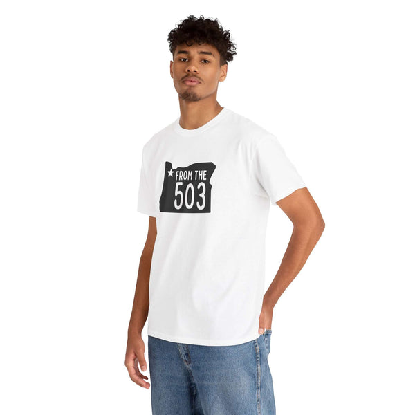 Model wearing a white From the 503 Oregon State Athletic Tee featuring Oregon shape and Portland star.