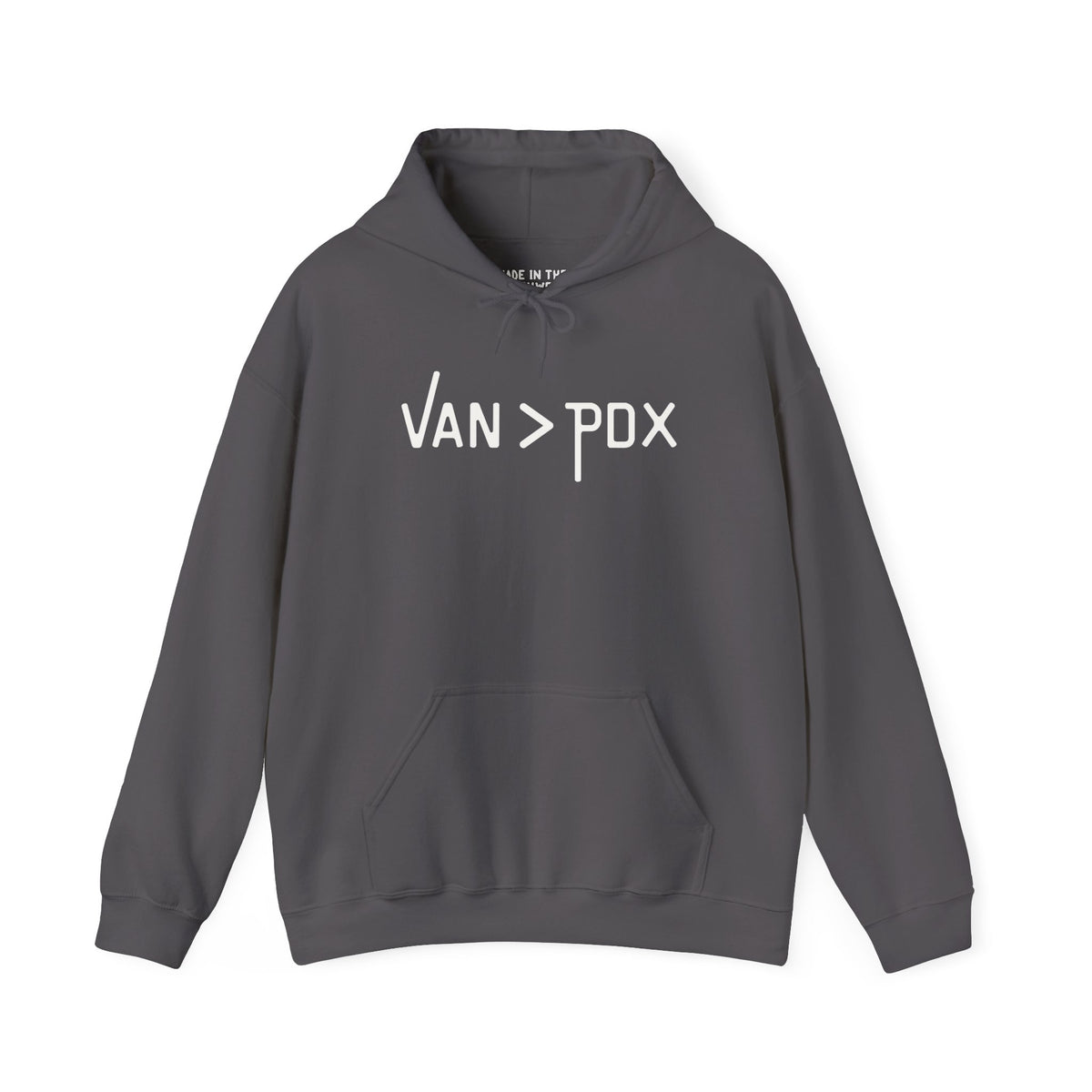 Vancouver over Portland hoodie with 'VAN > PDX' graphic, perfect for lovers of the Pacific Northwest.
