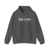 Vancouver over Portland hoodie with 'VAN > PDX' graphic, perfect for lovers of the Pacific Northwest.