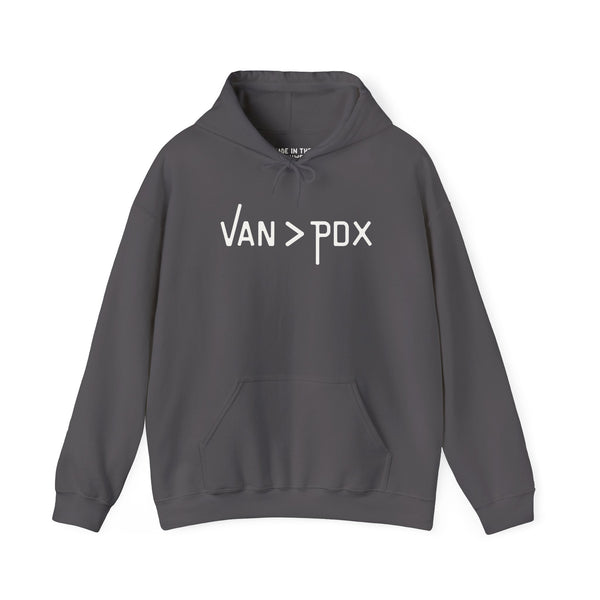 Vancouver over Portland hoodie with 'VAN > PDX' graphic, perfect for lovers of the Pacific Northwest.