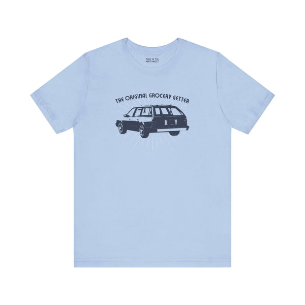 The Original Grocery Getter Wagon Premium Soft Tee in light blue featuring an Oldsmobile Cutlass Cruiser design.