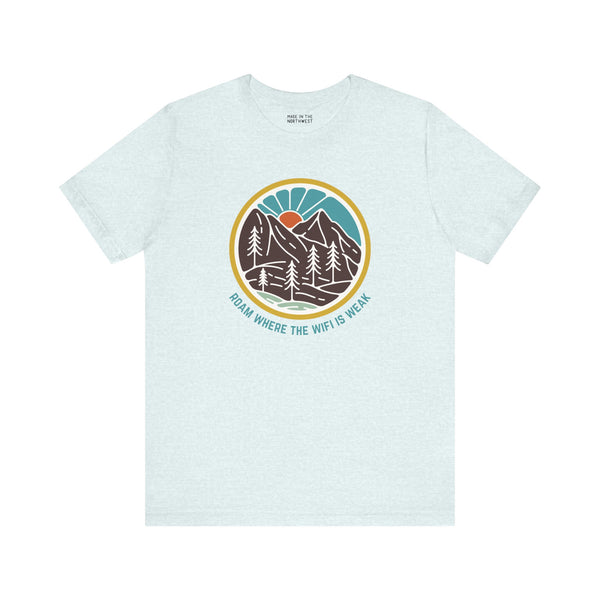 Roam Where the WiFi is Weak hiking tee with colorful forest and mountain design, perfect for nature lovers.
