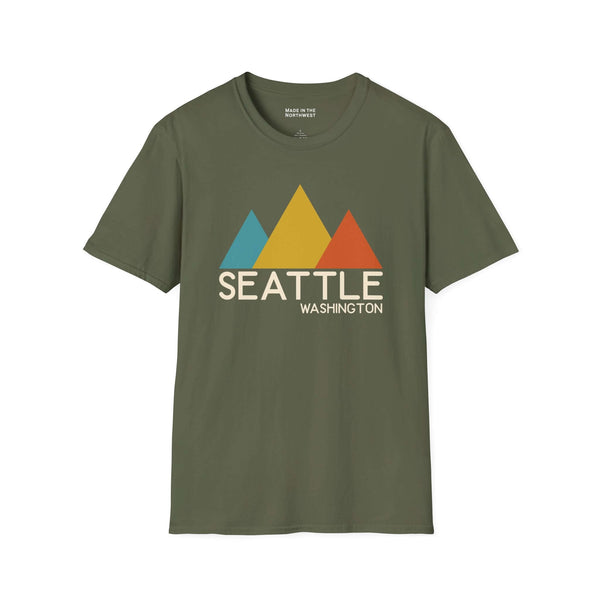Modern Peaks Seattle T Shirt featuring minimalist mountain design in bold colors, perfect for Seattle fans.