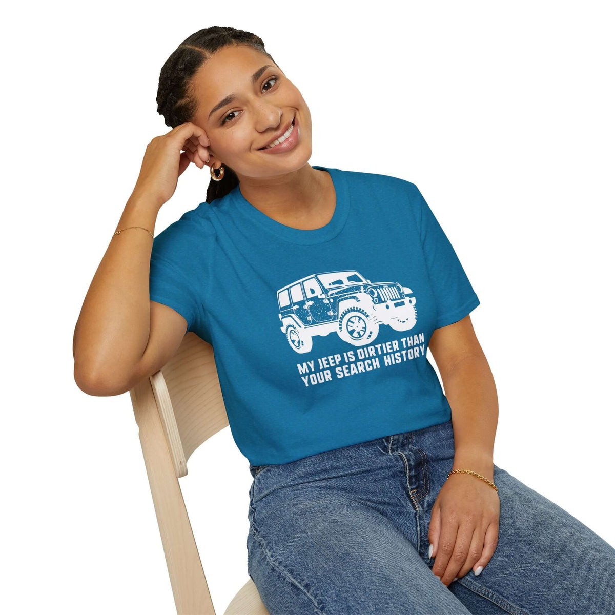 Person wearing a teal t-shirt that reads 'My Jeep is Dirtier Than Your Search History'