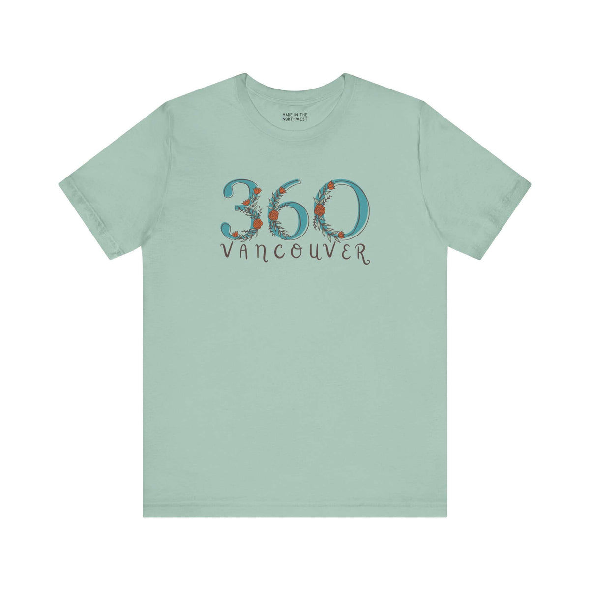 360 Floral Area Code tee in mint green, showcasing Vancouver with nature-inspired design for women.