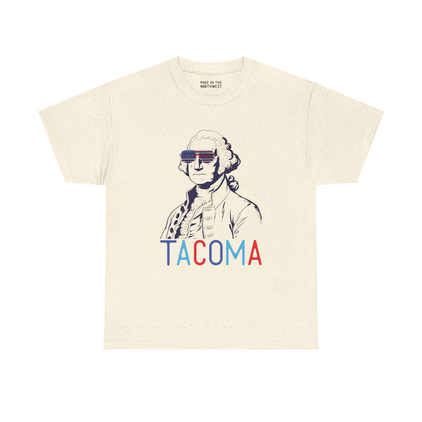 Patriotic George Washington Tacoma tee with USA sunglasses for Fourth of July celebrations.