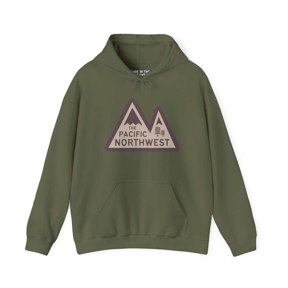 Green Pacific Northwest Heights Mountain Hoodie with bold logo design and mountain background, perfect for outdoor adventures.