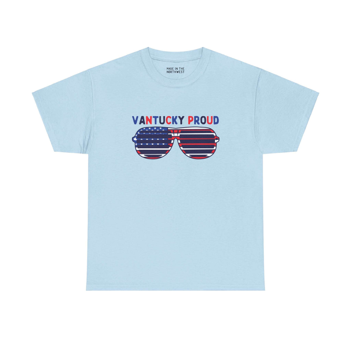 Light blue tee with "Vantucky Proud" text and American flag sunglasses graphic for a fun, patriotic look.