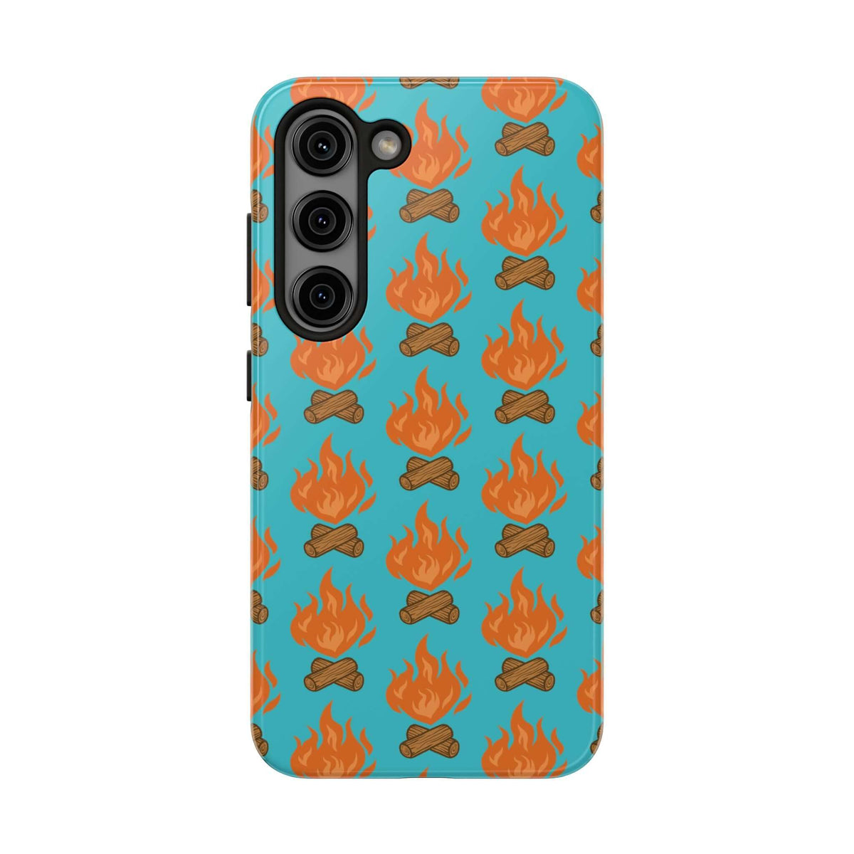Fireside Vibes tough phone case with cozy campfire design in vibrant colors