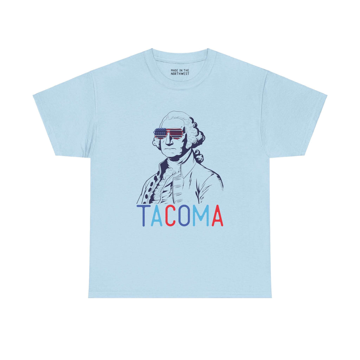 Light blue Tacoma tee with George Washington wearing USA sunglasses, celebrating Fourth of July with patriotic style.