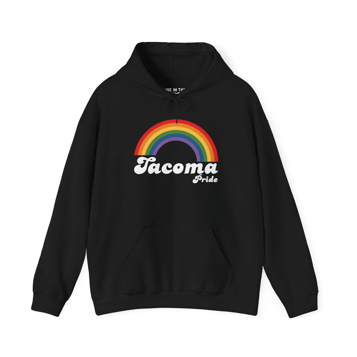Black Tacoma Pride hoodie featuring a vibrant rainbow design, perfect for celebrating love and equality.