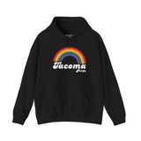 Black Tacoma Pride hoodie featuring a vibrant rainbow design, perfect for celebrating love and equality.