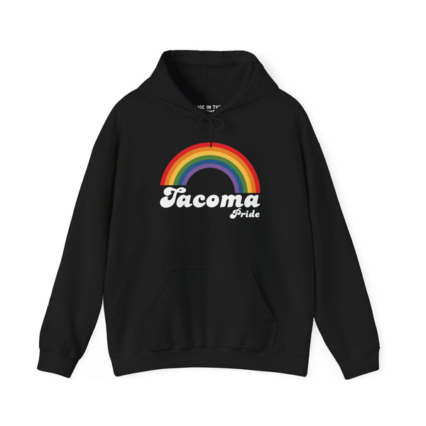 Black Tacoma Pride hoodie featuring a vibrant rainbow design, perfect for celebrating love and equality.