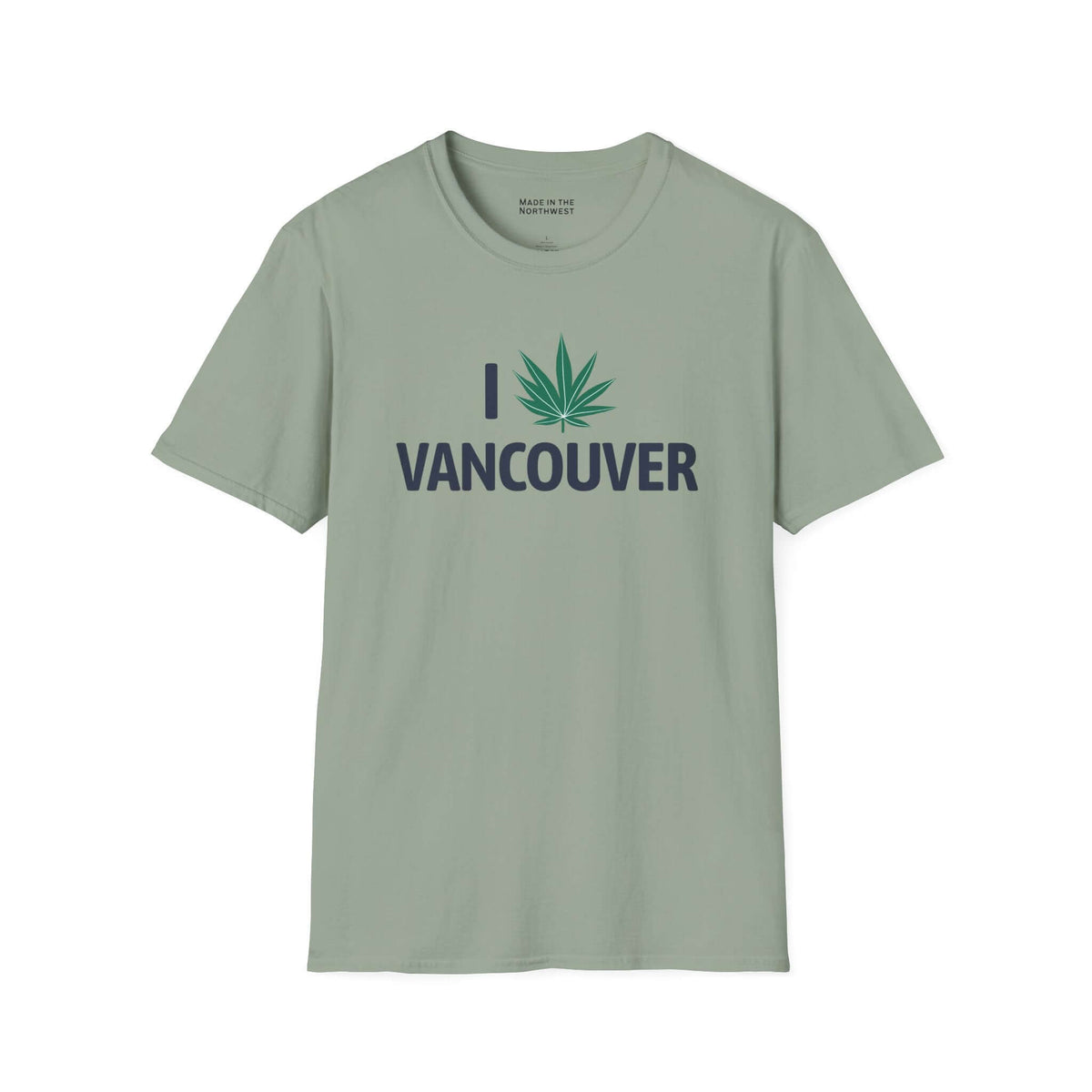 I Marijuana Vancouver T Shirt in a light green color featuring a cannabis leaf graphic.