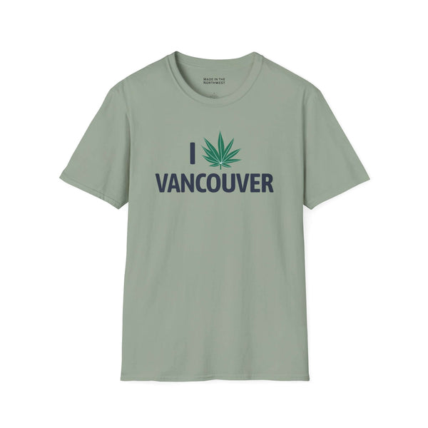 I Marijuana Vancouver T Shirt in a light green color featuring a cannabis leaf graphic.