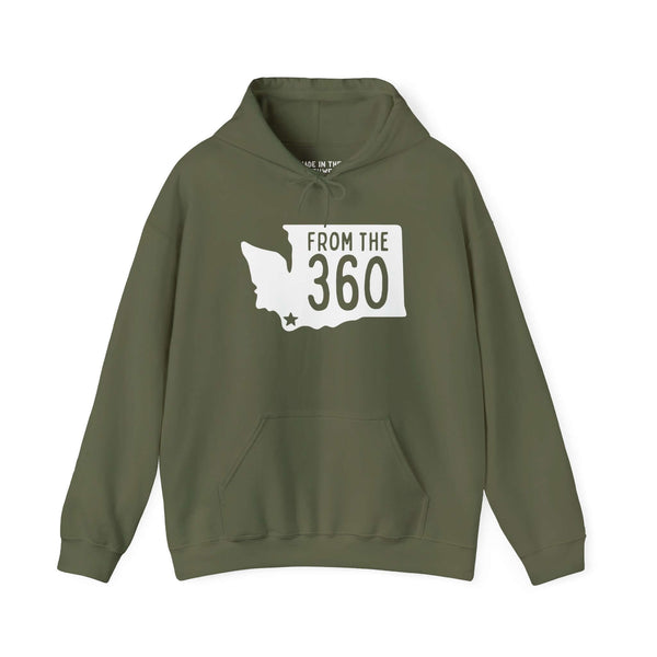 Olive green hoodie with Washington state silhouette and 'FROM THE 360' text, celebrating Vancouver pride.