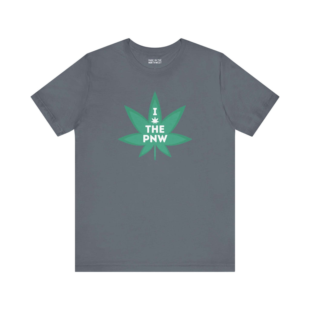 Gray tee with a green marijuana leaf and text "I (Weed) the PNW," celebrating Pacific Northwest's nature-loving spirit and laid-back vibes.