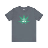 Gray tee with a green marijuana leaf and text 