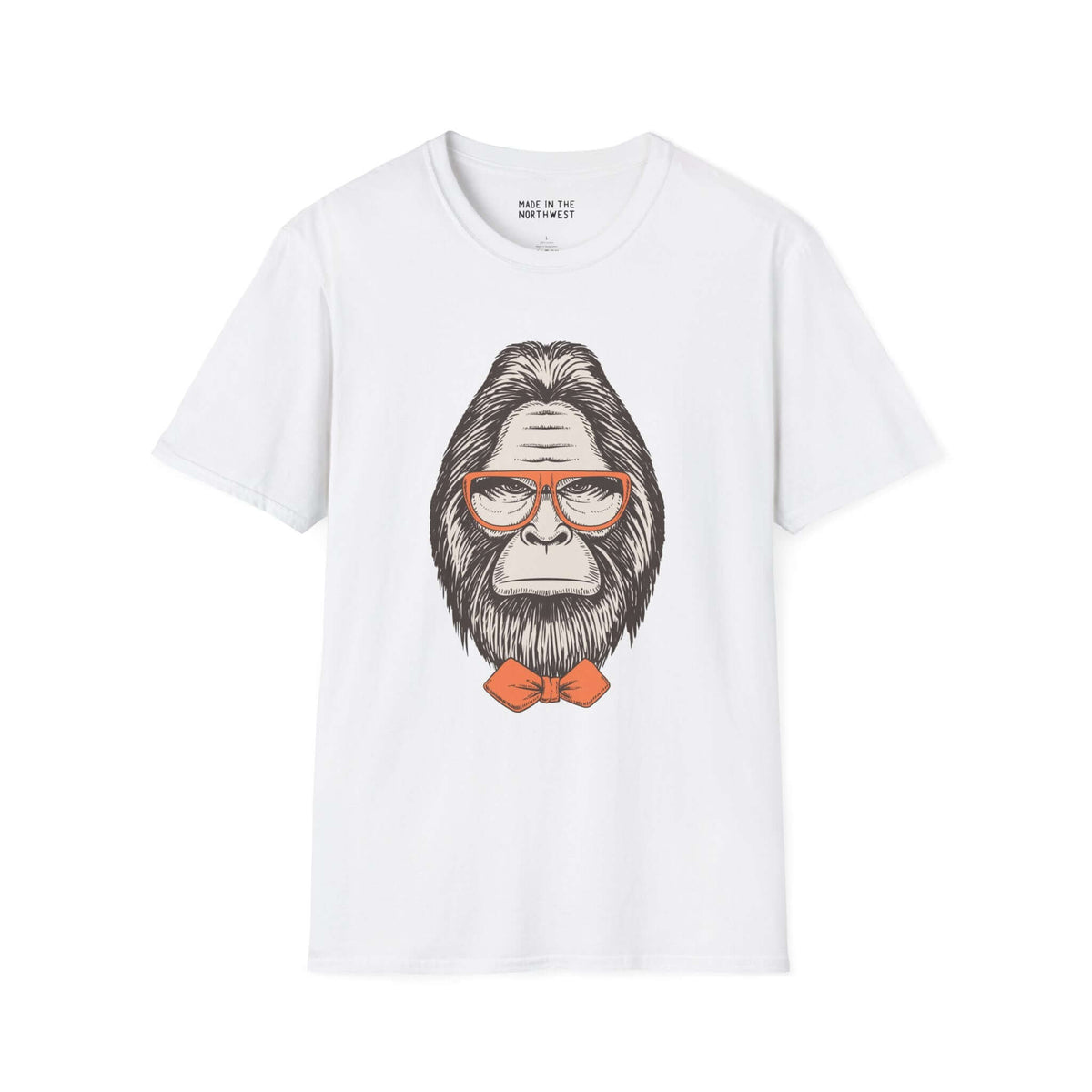 Gentleman of the Woods Bigfoot T-shirt with a well-groomed Sasquatch, glasses, and bowtie design.