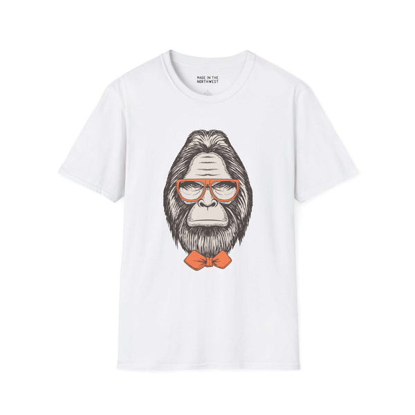 Gentleman of the Woods Bigfoot T-shirt with a well-groomed Sasquatch, glasses, and bowtie design.