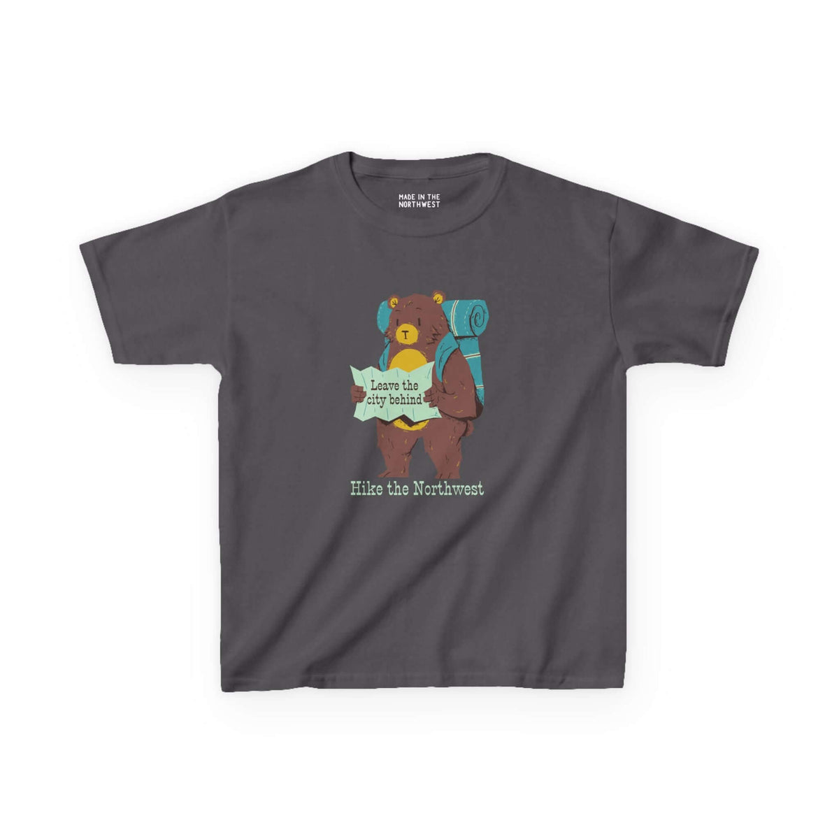 Kids' heavy cotton tee featuring a bear with a backpack and map for outdoor adventures in the Northwest.