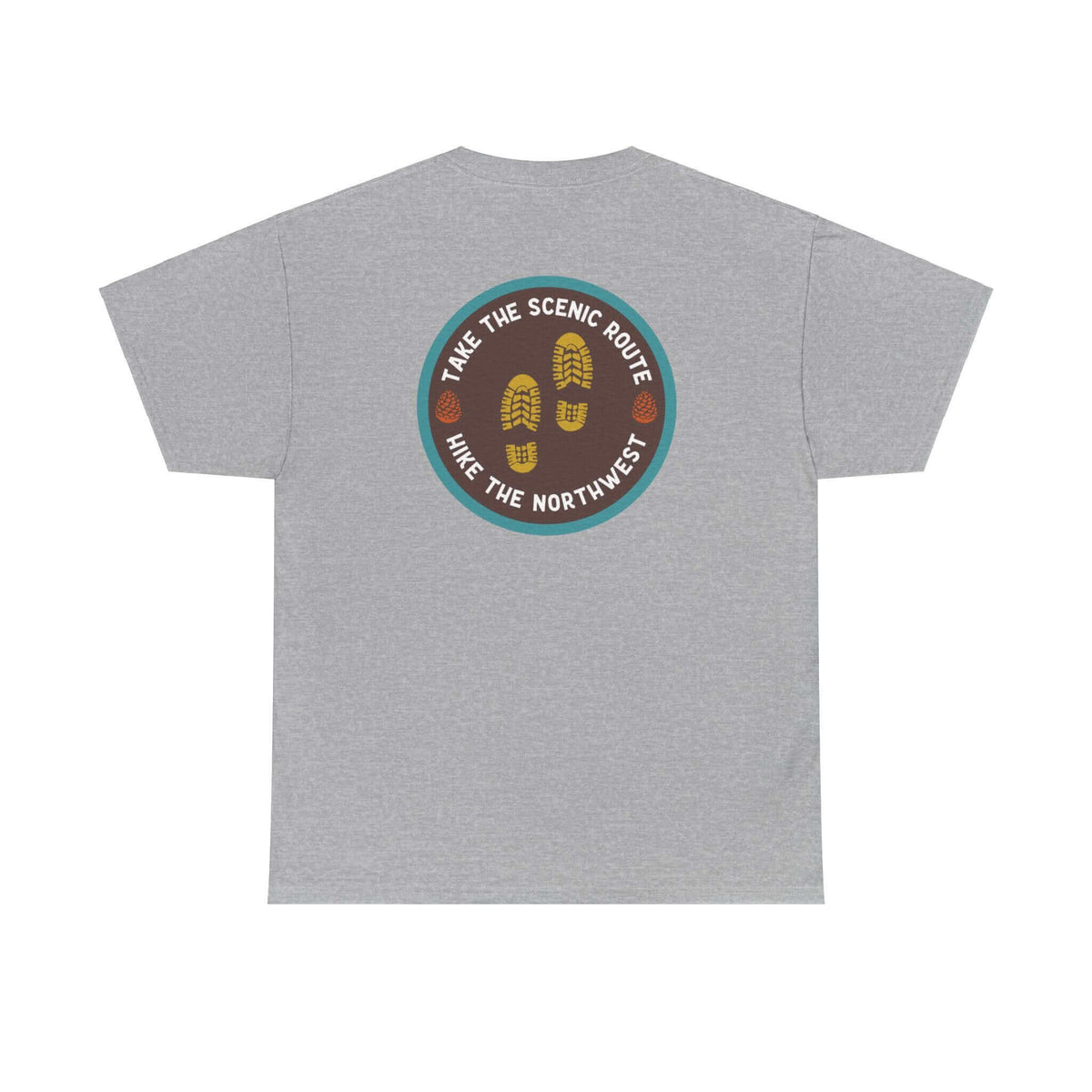 Gray athletic tee with "Take the Scenic Route - Hike the Northwest" graphic on the back, perfect for hiking enthusiasts.