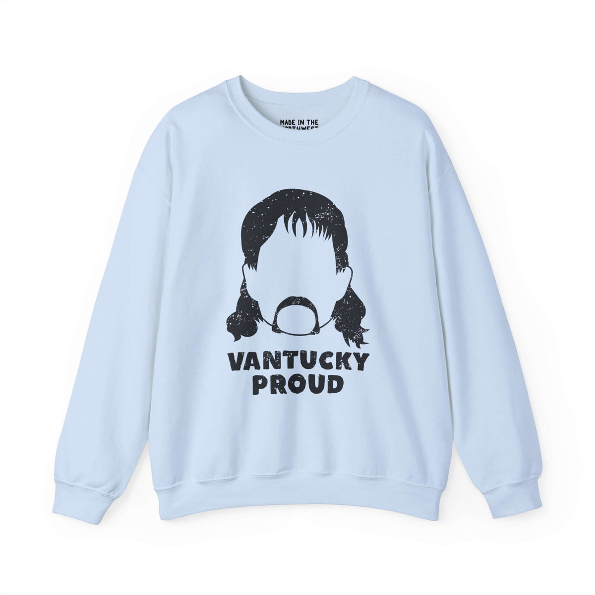 Light blue sweatshirt with "Vantucky Proud" and silhouette graphic, embodying Rusty McCoy's resilience and Vantucky spirit.