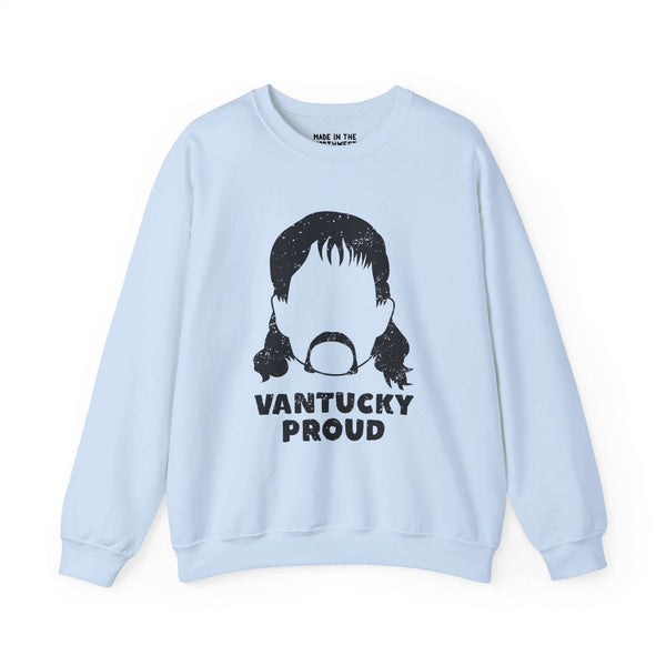 Light blue sweatshirt with "Vantucky Proud" and silhouette graphic, embodying Rusty McCoy's resilience and Vantucky spirit.