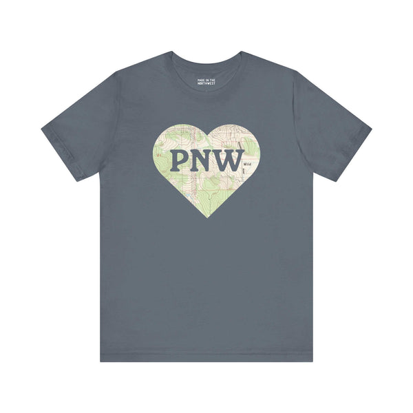 "PNW Explorer's Heart Soft Tee with topo map heart design on gray fabric, featuring bold 'PNW' text, perfect for adventure lovers"