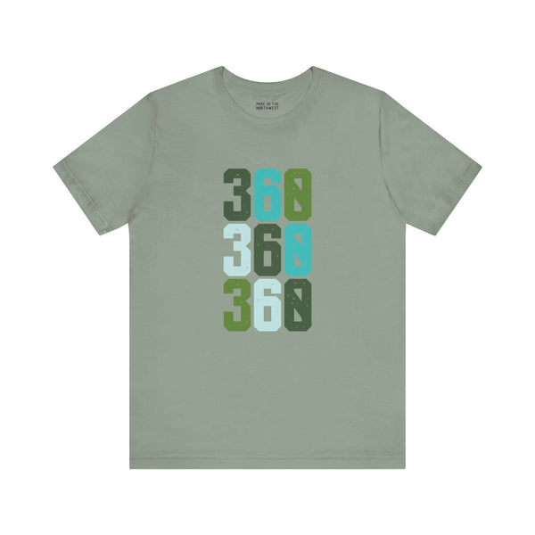 Three-Six-Oh Pop Premium Soft Tee in green with vibrant 360 area code design, inspired by the Pacific Northwest.