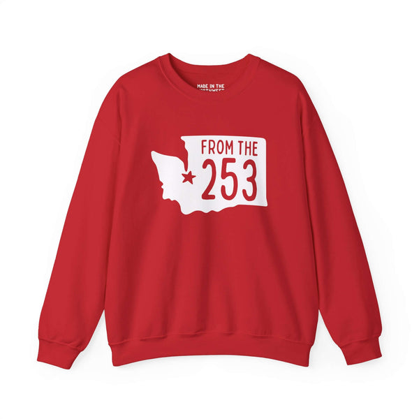 Red sweatshirt with "From the 253" and Washington state silhouette, marking Tacoma with a star, showcasing local pride.