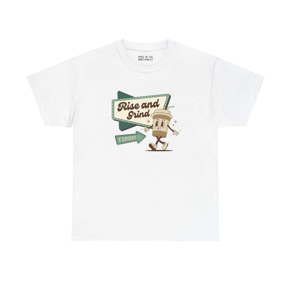 "Rise and Grind Coffee Tee with playful design for caffeine lovers on white background"